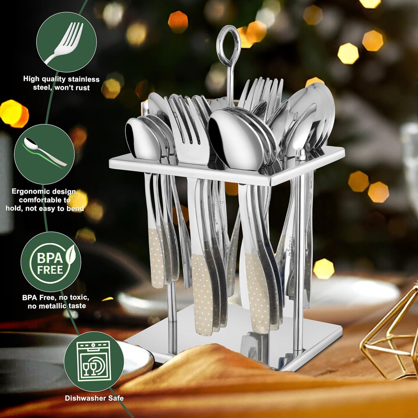 25 Pieces Stainless Steel Cutlery Set with Premium Laser Printed Handles – Includes 6 Tea Spoons, 6 Dinner Spoons, 6 Table Forks, 6 Table Spoons, 1 Stand for Home & Kitchen (Sapphire Dazzle)