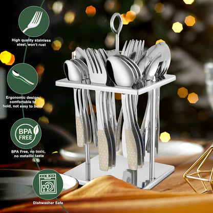 25 Pieces Stainless Steel Cutlery Set with Premium Laser Printed Handles – Includes 6 Tea Spoons, 6 Dinner Spoons, 6 Table Forks, 6 Table Spoons, 1 Stand for Home & Kitchen (Sapphire Dazzle)