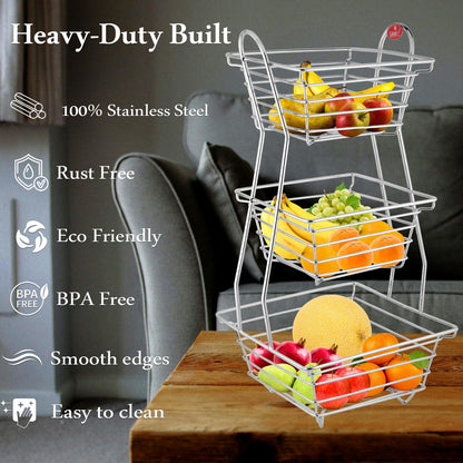 3-Tier Stainless Steel Fruit Basket – Square, Kitchen & Dining Table Stand