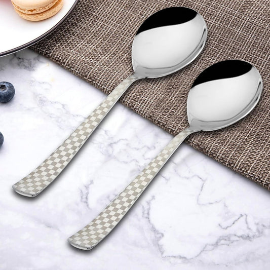2 Pieces Stainless Steel Premium Serving Spoon Set, 21 cm, Silver, Checks Design