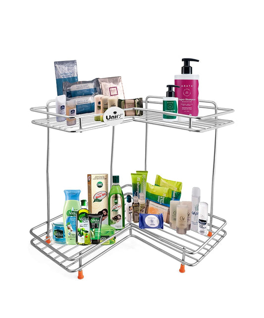 2-Tier Stainless Steel L-Corner Shelf Rack – 31×31×33 cm, Chrome Finish