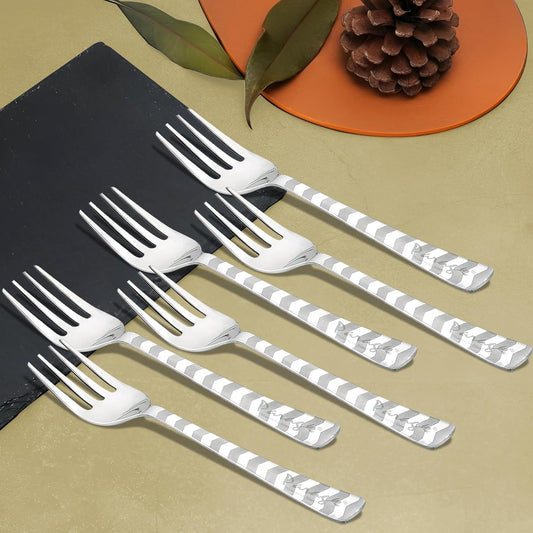 6 Pieces Stainless Steel Baby Forks Set, 16 cm Dining Cutlery with Checks Design – Shiny Sturdy Handle Tableware for Home & Kitchen