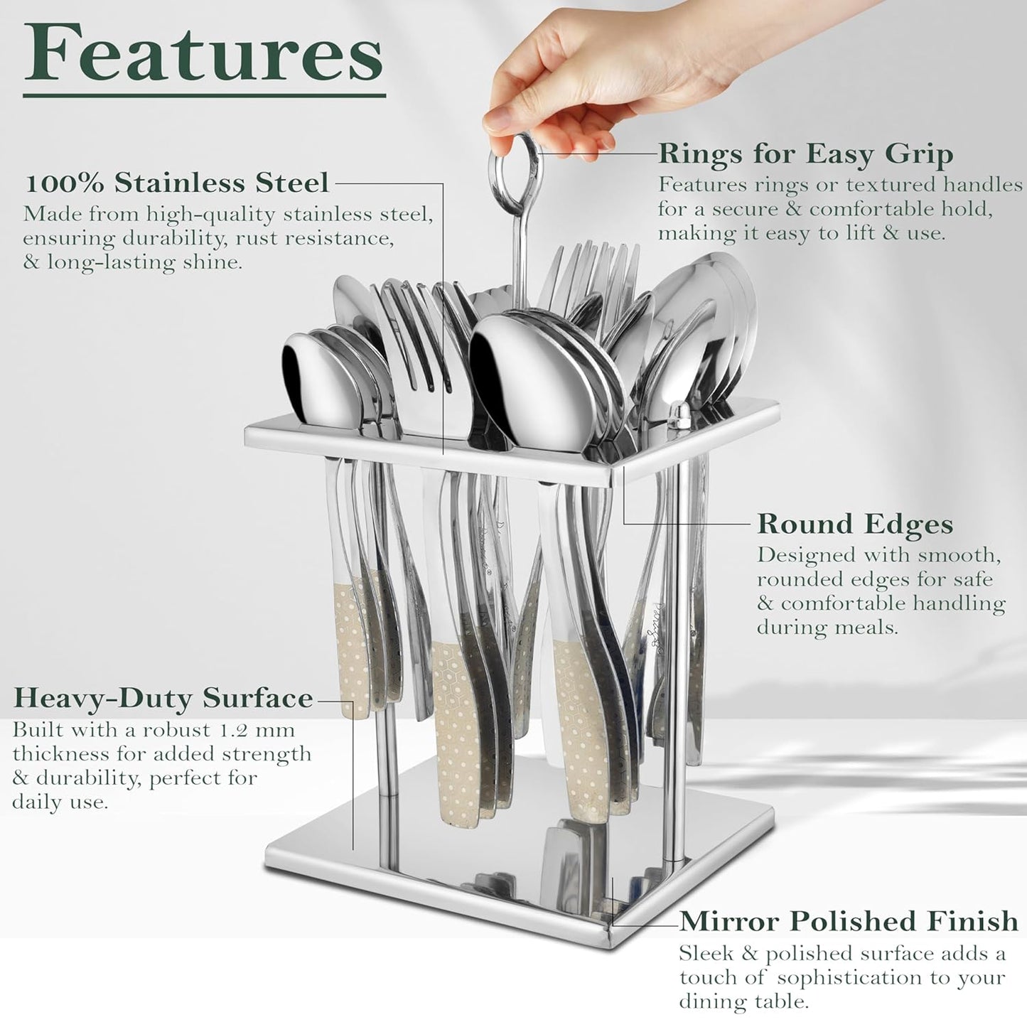 25 Pieces Stainless Steel Cutlery Set with Premium Laser Printed Handles – Includes 6 Tea Spoons, 6 Dinner Spoons, 6 Table Forks, 6 Table Spoons, 1 Stand for Home & Kitchen (Sapphire Dazzle)