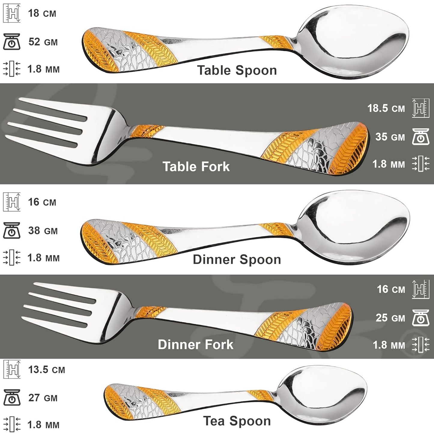 6 Pcs Stainless Steel 24K Gold Table Spoon Set – 18cm, Premium Large Spoons for Home & Kitchen, Luxury Tableware, Housewarming Gift, Imperial Design