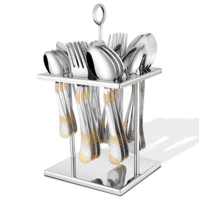 25 Pieces Luxury Stainless Steel Golden Cutlery Set with 24K Gold Plated Handles – Includes 6 Tea Spoons, 6 Dinner Spoons, 6 Table Forks, 6 Table Spoons, 1 Stand for Home & Kitchen Dining Table