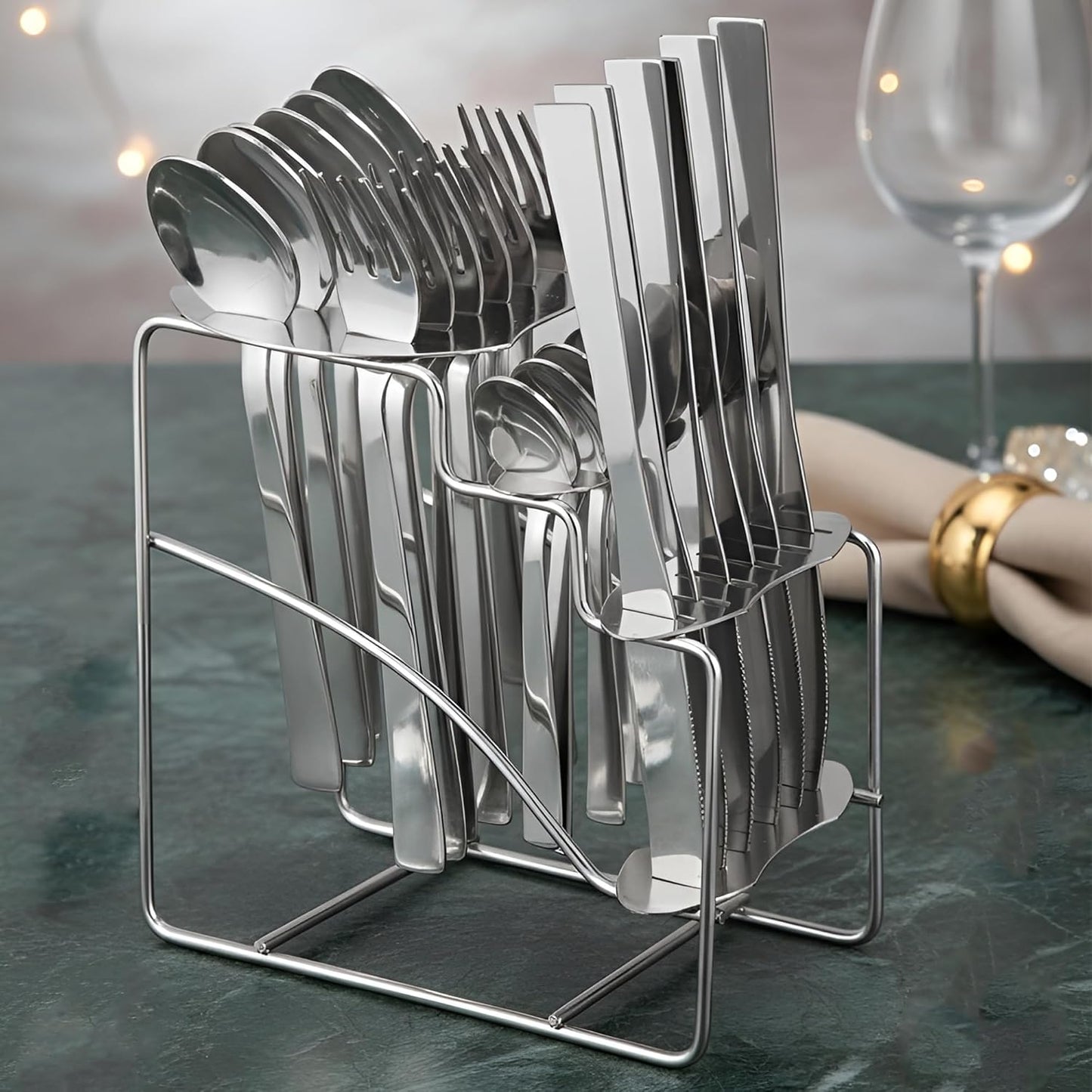 25-Piece Fantasy Stainless Steel Cutlery Set with Stand | Table Spoons, Tea Spoons, Forks & Knives, Silver