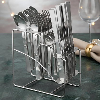 25-Piece Fantasy Stainless Steel Cutlery Set with Stand | Table Spoons, Tea Spoons, Forks & Knives, Silver