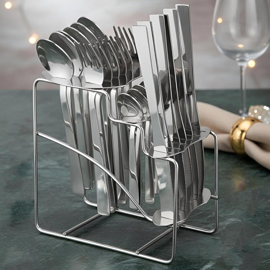 25-Piece Fantasy Stainless Steel Cutlery Set with Stand | Table Spoons, Tea Spoons, Forks & Knives, Silver