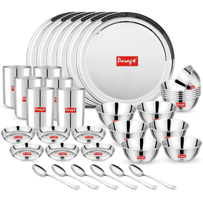 36pc Stainless Steel Dinner Set | Plates Bowls Glasses | Silver
