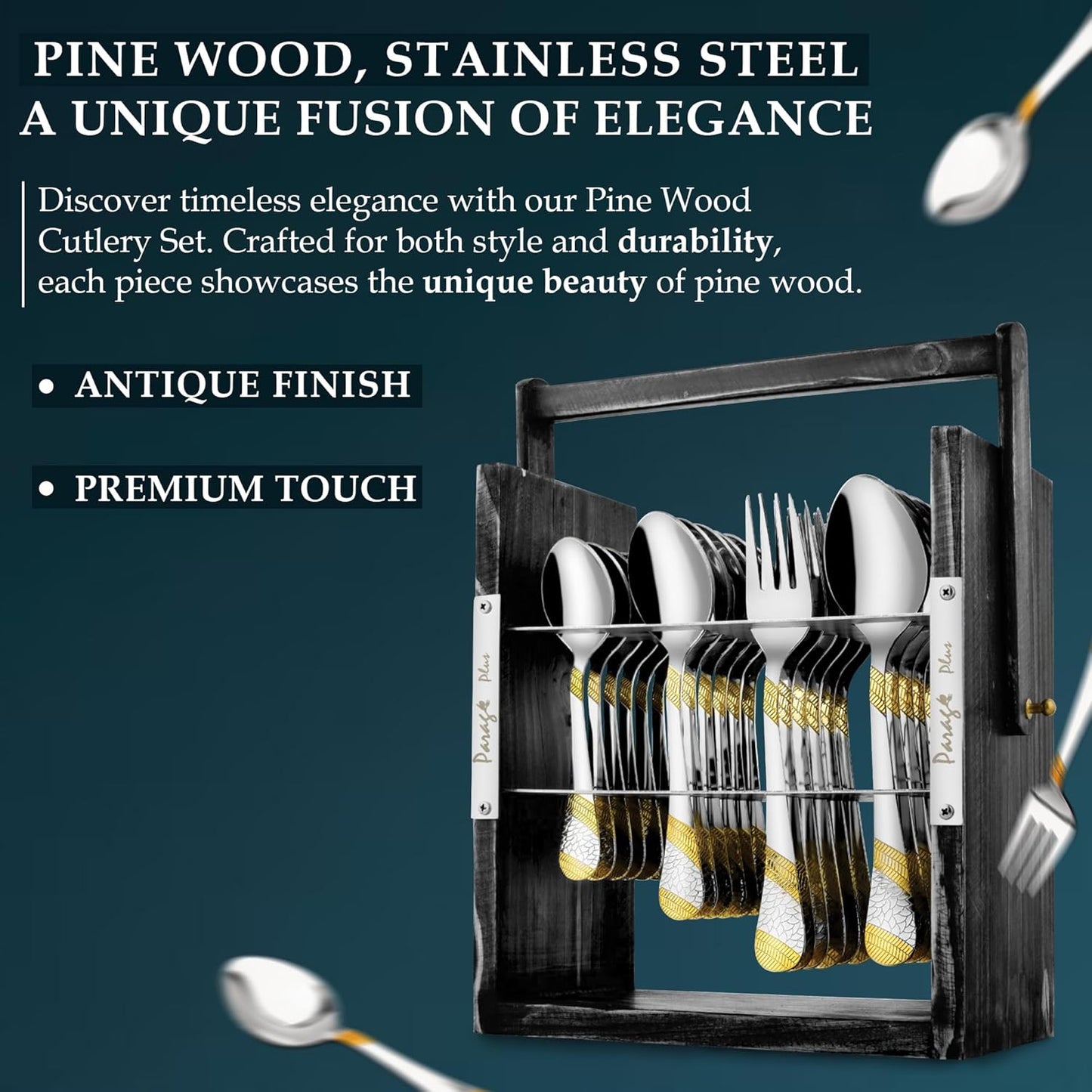 25-Piece Stainless Steel Imperial Cutlery Set with Wooden Stand | 24k Gold Plated Spoons & Forks
