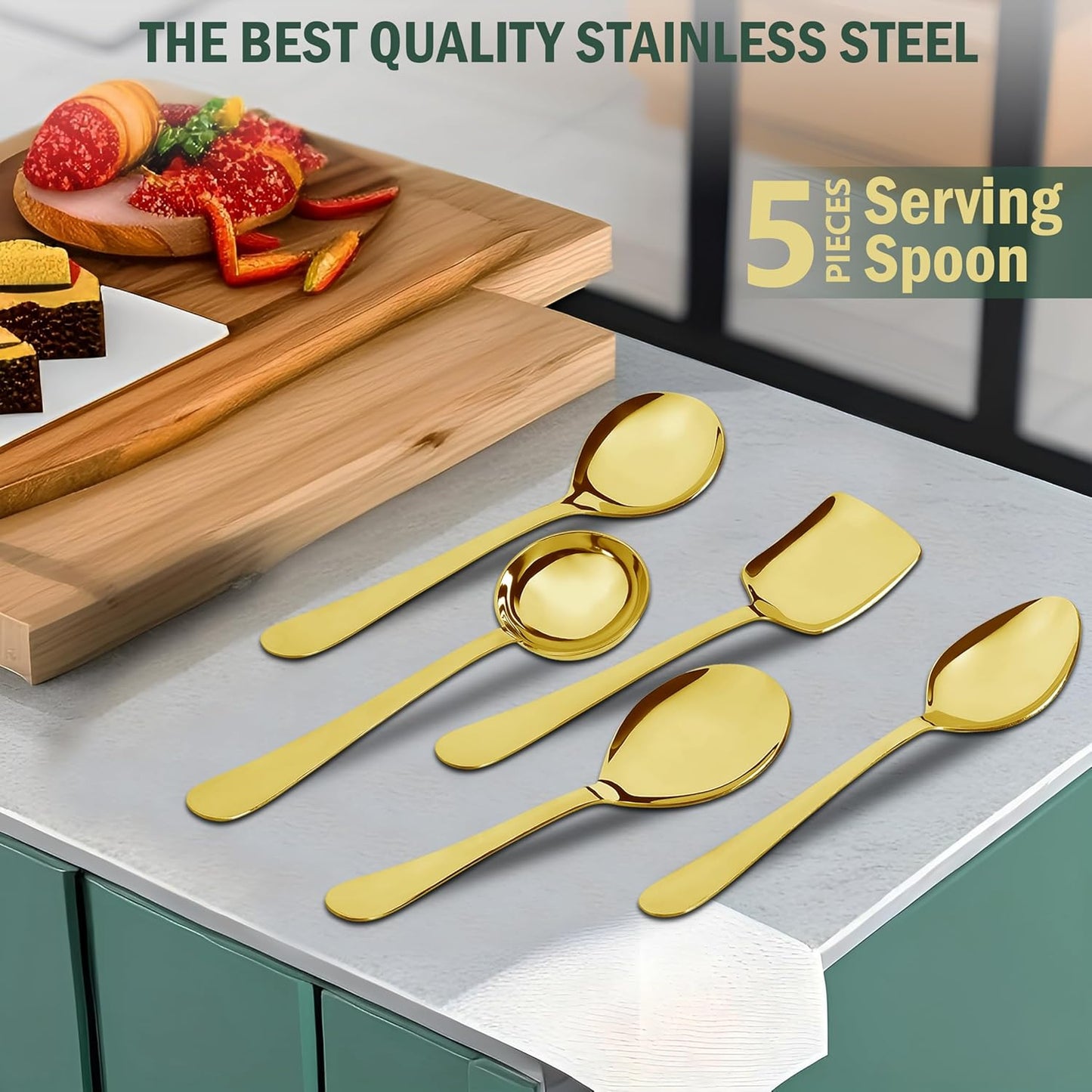 5 Pcs Stainless Steel Gold Serving Spoon Set – Heavy Gauge Kitchen Use