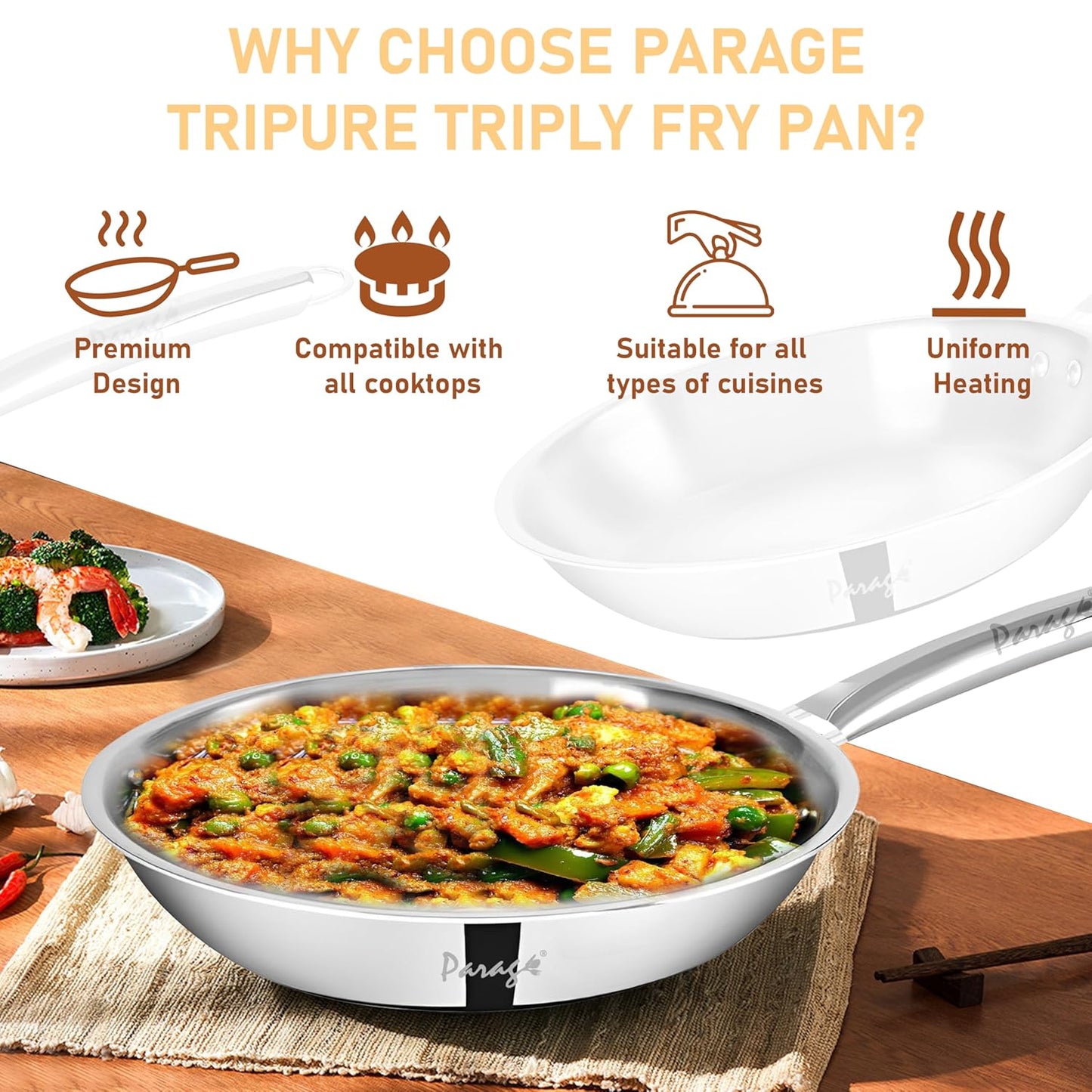 Tripure Triply Stainless Steel Fry Pan 24 cm | Heavy Bottom Pan for Frying & Tempering | Induction & Gas Compatible | Stay-Cool Handle | Scratch Resistant | 5 Years Warranty