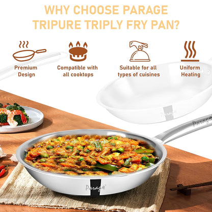 Tripure Triply Stainless Steel Fry Pan 24 cm | Heavy Bottom Pan for Frying & Tempering | Induction & Gas Compatible | Stay-Cool Handle | Scratch Resistant | 5 Years Warranty