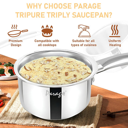 Tripure Triply Stainless Steel 16cm Saucepan 1.75L | Scratch Resistant, Induction & Gas Friendly