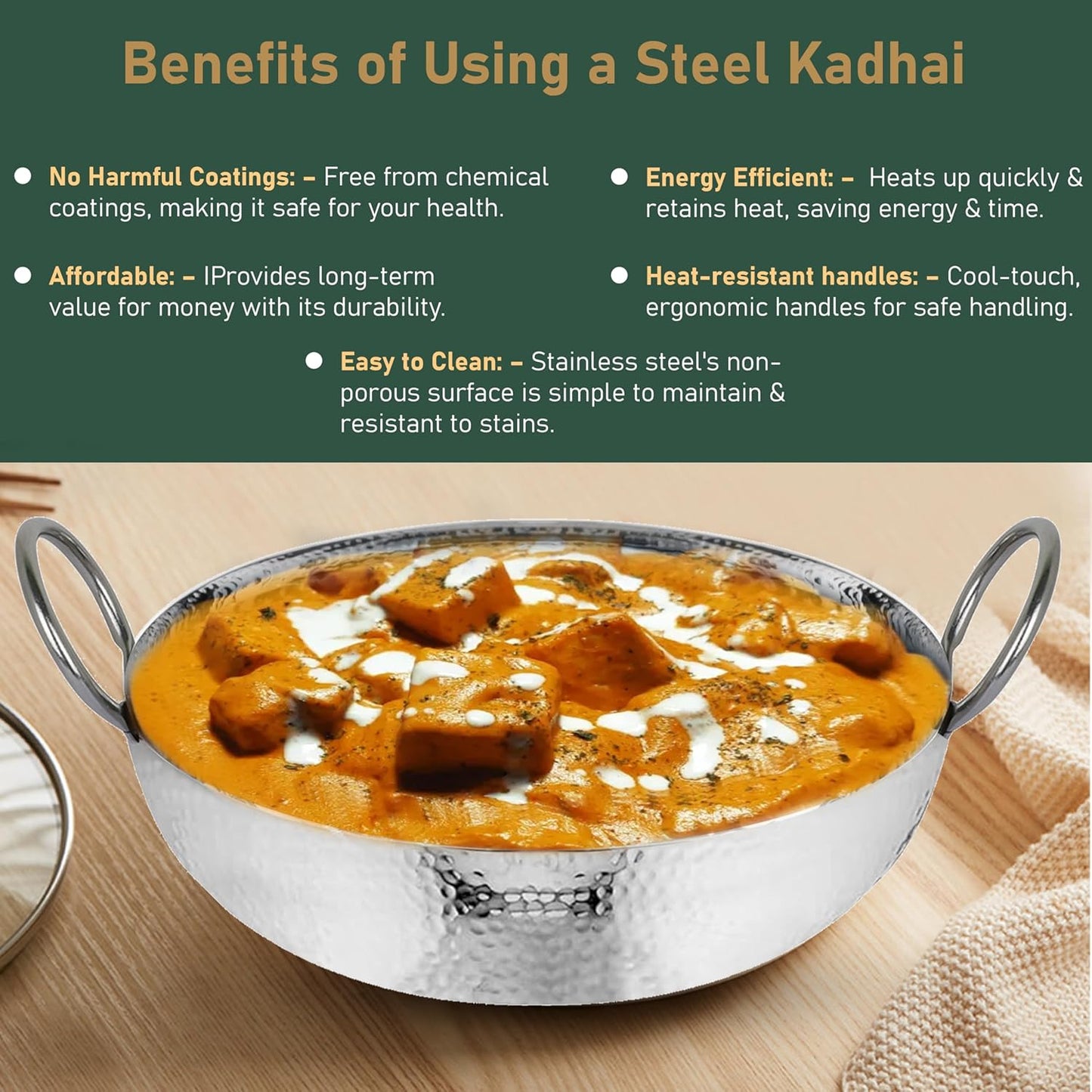 1 Pc Stainless Steel Hammered Kadhai – 2 L Heavy Bottom for Cooking & Deep Frying, Gas Stove Friendly, Silver