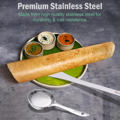 2 Pieces Stainless Steel Dosa Ladle & Turner, 20.5 cm & 31.5 cm – Heavy Gauge Kitchen Tools with Flat Base Spatula for Cooking, Silver Finish
