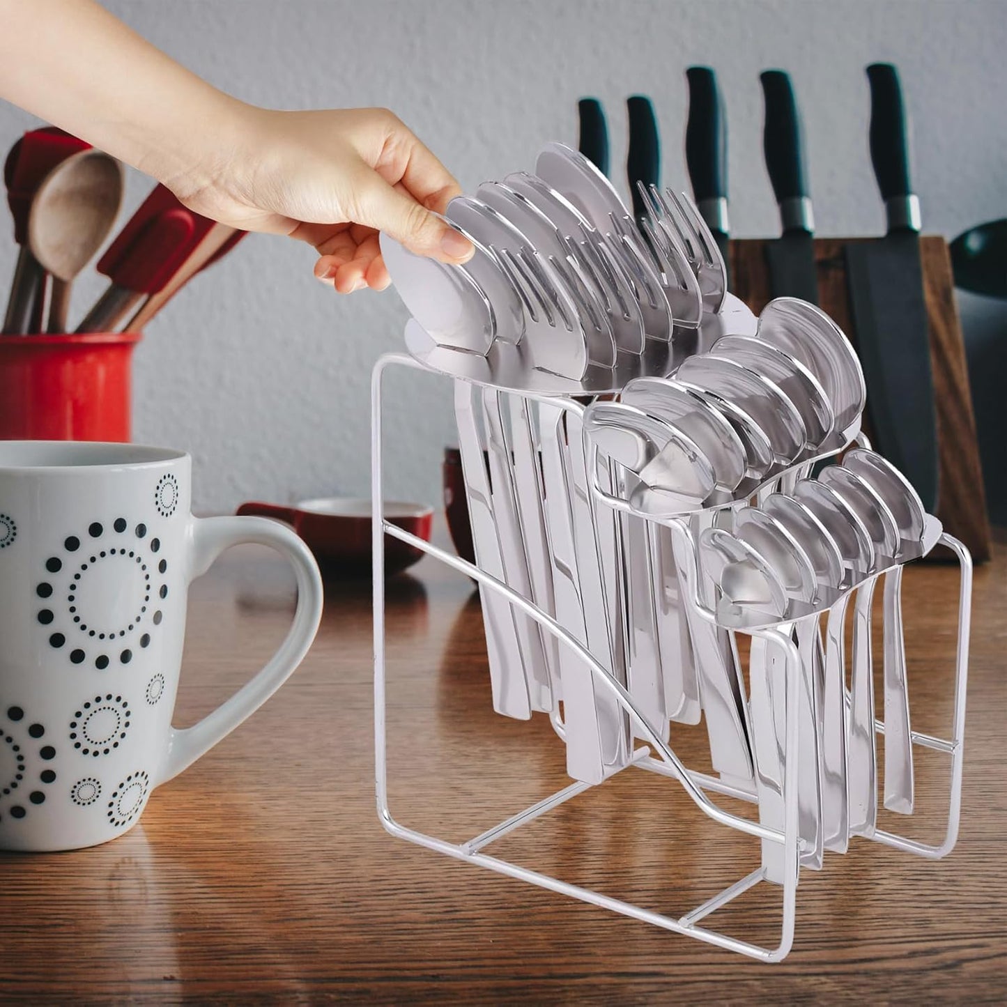 25-Piece Fantasy Stainless Steel Cutlery Set with Stand | Premium Spoon & Fork Set, Silver