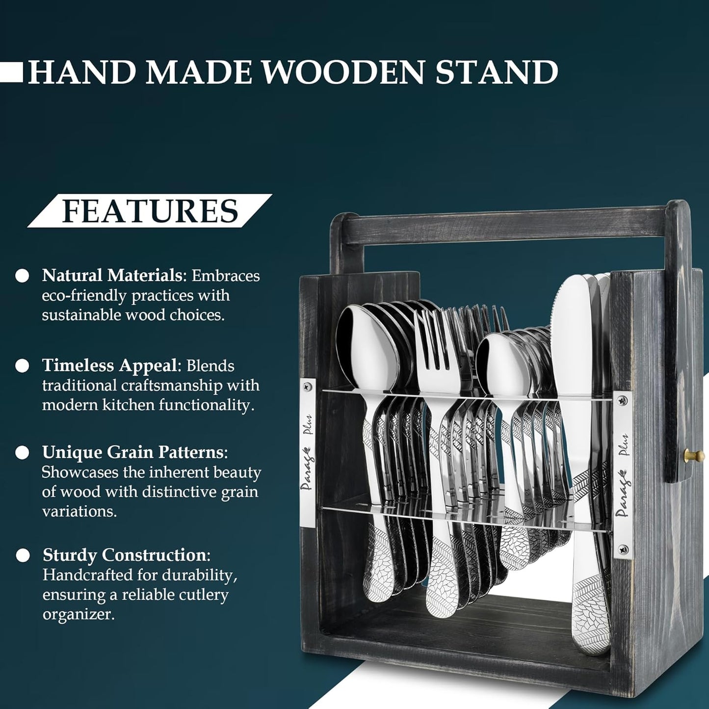25 Pieces Stainless Steel Imperial Cutlery Set with Wooden Hanging Stand – Includes 6 Tea Spoons, 6 Table Spoons, 6 Table Forks, 6 Knives, 24K Gold Plated Spoon Set