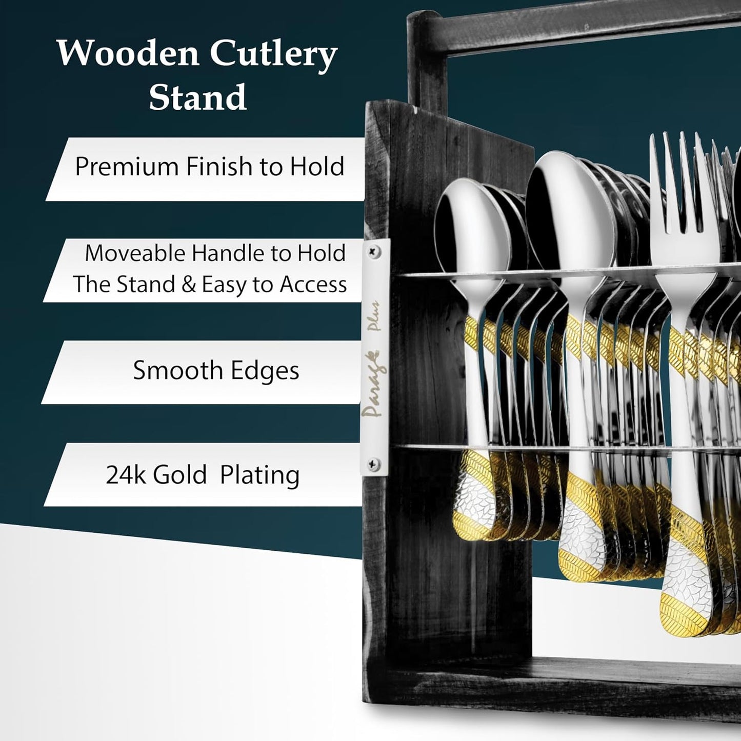 25 Pieces Stainless Steel Imperial Cutlery Set with Wooden Hanging Stand, 24K Gold Plated Spoons & Forks for Dining Table