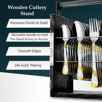 25 Pieces Stainless Steel Imperial Cutlery Set with Wooden Hanging Stand, 24K Gold Plated Spoons & Forks for Dining Table