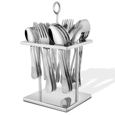 25 Pieces Premium Stainless Steel Cutlery Set – Includes 6 Tea Spoons, 6 Dinner Spoons, 6 Table Forks, 6 Table Spoons, 1 Stand, Perfect for Home & Gifting (Sapphire Imperial)