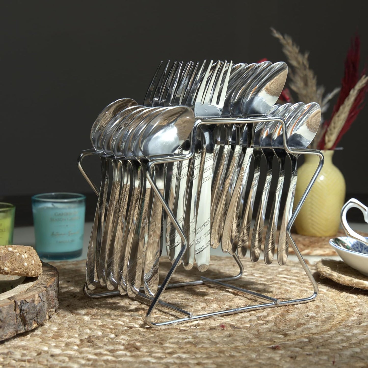 25 Pcs Stainless Steel Cutlery Set with Stand | Mirror Finish Dining Table Set