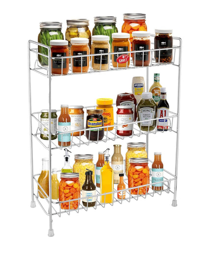 Stainless Steel 3 Tier Kitchen Countertop Spice Rack Organizer with Shelf Liner for Kitchen, Cabinet & Pantry (Rectangle)