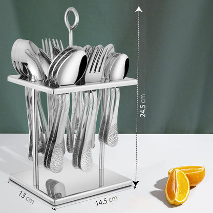 25 Pieces Premium Stainless Steel Cutlery Set – Includes 6 Tea Spoons, 6 Dinner Spoons, 6 Table Forks, 6 Table Spoons, 1 Stand, Perfect for Home & Gifting (Sapphire Imperial)