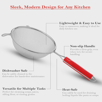 Stainless Steel Soup & Juice Strainer, 18.5 cm Kitchen Liquid Filter – Large Soup Chalni with Red Handle for Rice & Juice, Set of 1