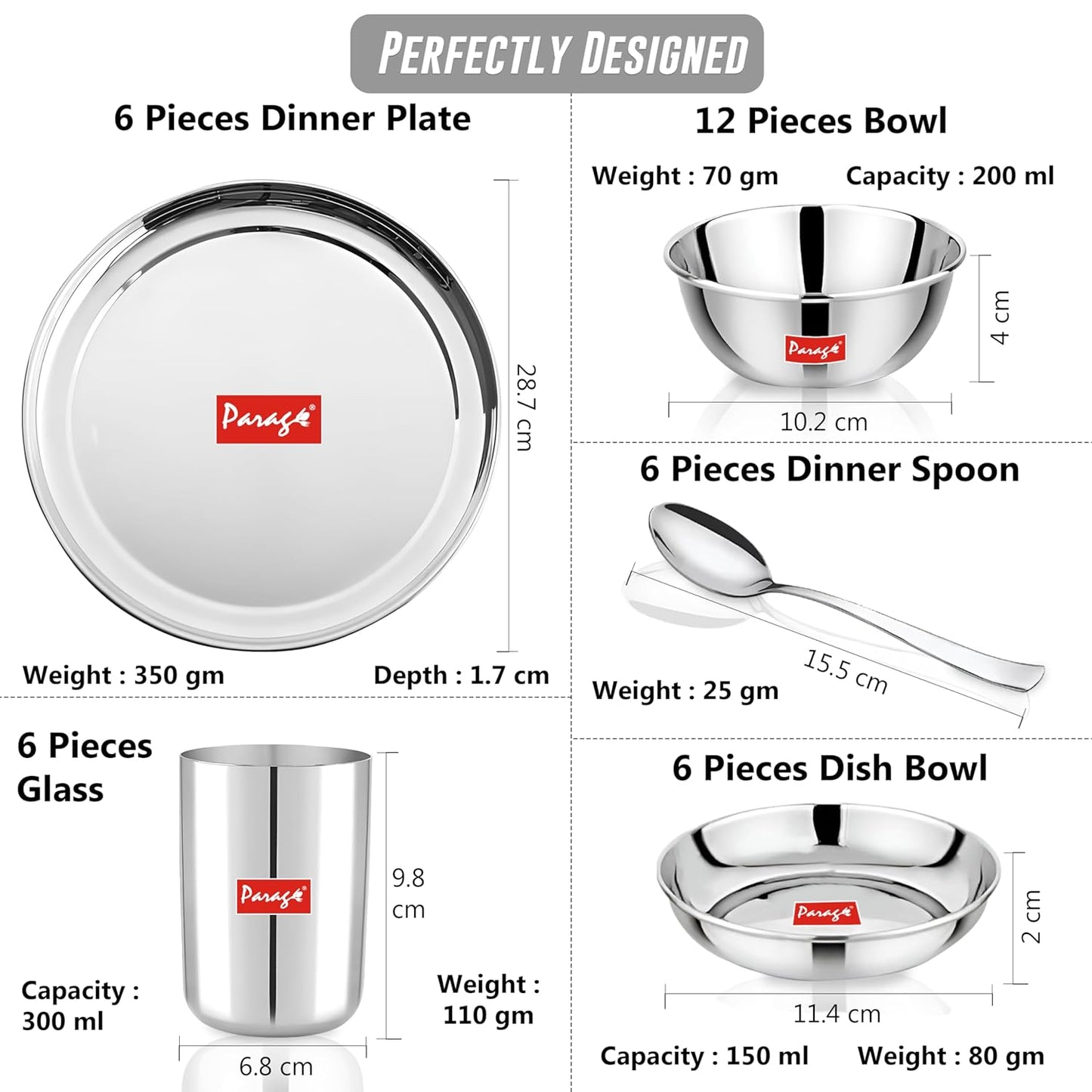 36pc Stainless Steel Dinner Set | Plates Bowls Glasses | Silver