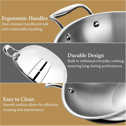 26 cm Stainless Steel Kadhai with Lid – 3.2 L Heavy Bottom Triply Steel Kadhai for Deep Frying & Cooking, Induction & Gas Compatible, 5-Year Warranty