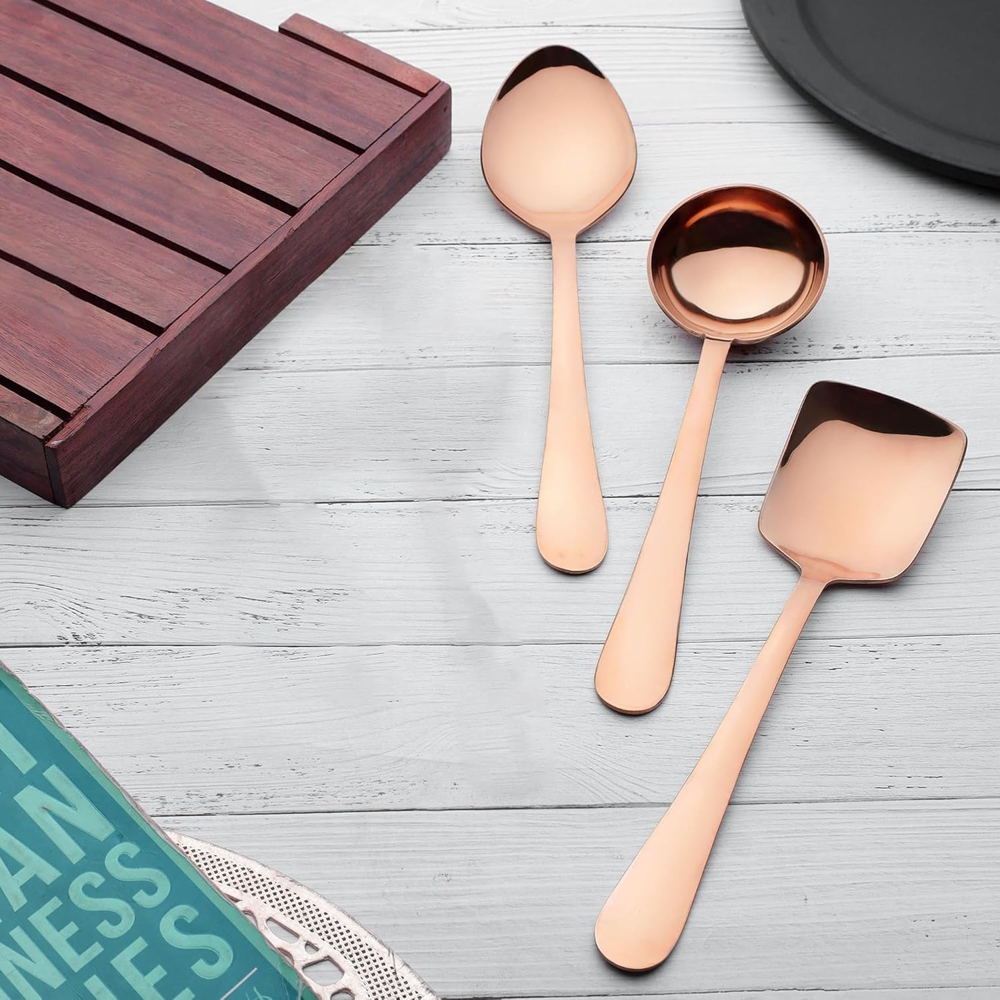 6 Pcs Stainless Steel Rose Gold Serving Spoon Set for Kitchen & Dining – 1.8mm Heavy Gauge, Soup Ladle, Solid & Rice Spoons (Pack of 6)