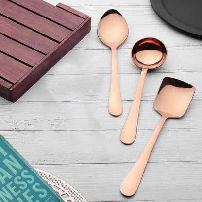 6 Pcs Stainless Steel Rose Gold Serving Spoon Set for Kitchen & Dining – 1.8mm Heavy Gauge, Soup Ladle, Solid & Rice Spoons (Pack of 6)
