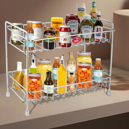 Stainless Steel 2 Tier Kitchen Spice Rack | Countertop Organizer with Shelf Liner for Cabinet & Pantry, Chrome