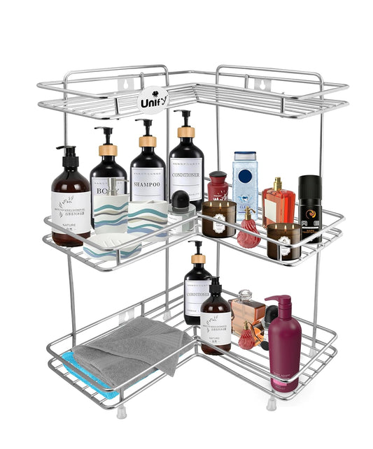 3-Tier Stainless Steel L-Corner Shelf Rack – Multipurpose Organizer for Kitchen & Bathroom, 31×31×46 cm, Chrome Finish, Silver