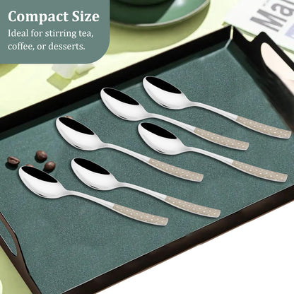 6 Pieces Stainless Steel Premium Tea Spoon Set for Home & Kitchen – 14 cm Luxury Dining Tableware, Laser Chammach Set, Silver with Dazzle Design