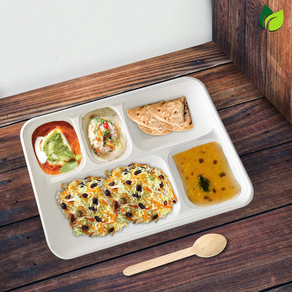 50pc 5-Compartment Bagasse Meal Trays | Eco-Friendly | White