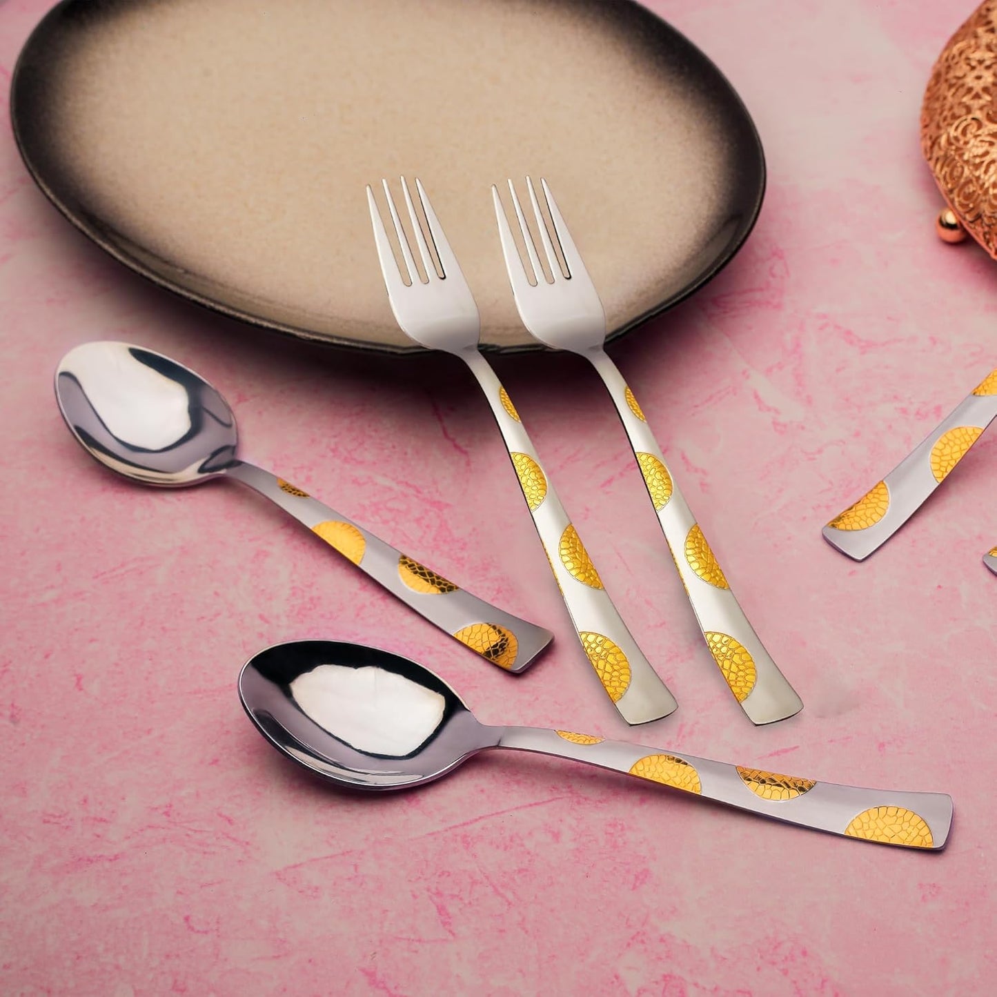 18pc Stainless Steel 24k Gold Cutlery | Moonpress Spoons Forks