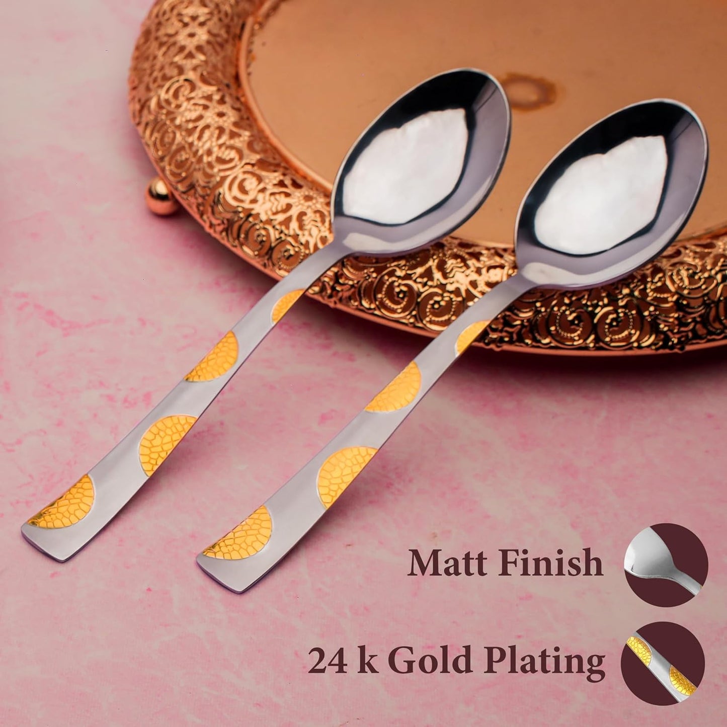 6 Pcs Stainless Steel 24K Gold Spoon Set – 18.5cm, Premium Large Spoons for Home & Kitchen, Luxury Tableware, Housewarming Gift, Moonpress Design