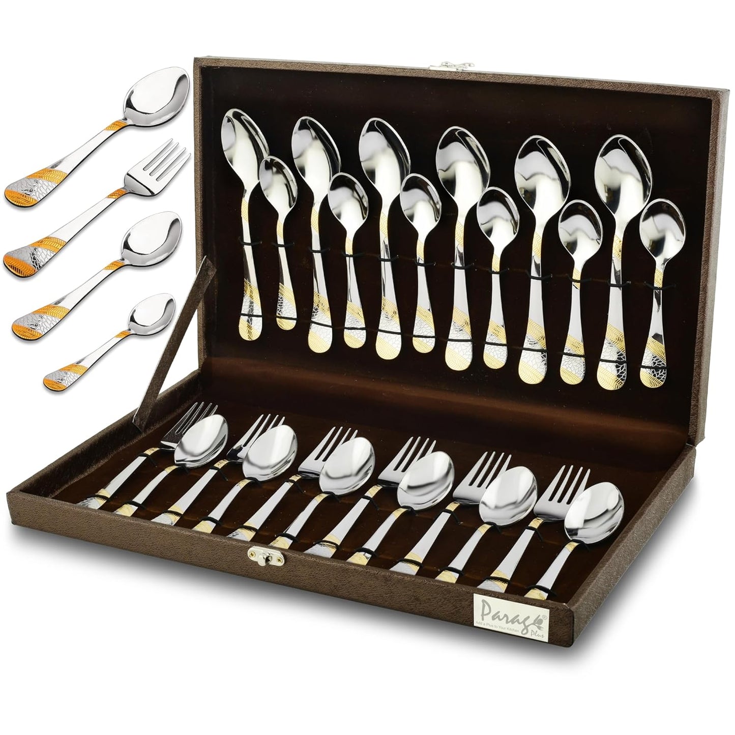 24 Pieces Premium Stainless Steel 24K Golden Cutlery Set for Home & Kitchen – Includes 6 Table Spoons, 6 Table Forks, 6 Dinner Spoons, 6 Tea Spoons, 24K Gold Plated, Leatherite Gift Box