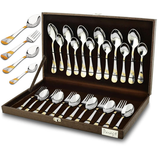 24 Pieces Premium Stainless Steel 24K Golden Cutlery Set for Home & Kitchen – Includes 6 Table Spoons, 6 Table Forks, 6 Dinner Spoons, 6 Tea Spoons, 24K Gold Plated, Leatherite Gift Box