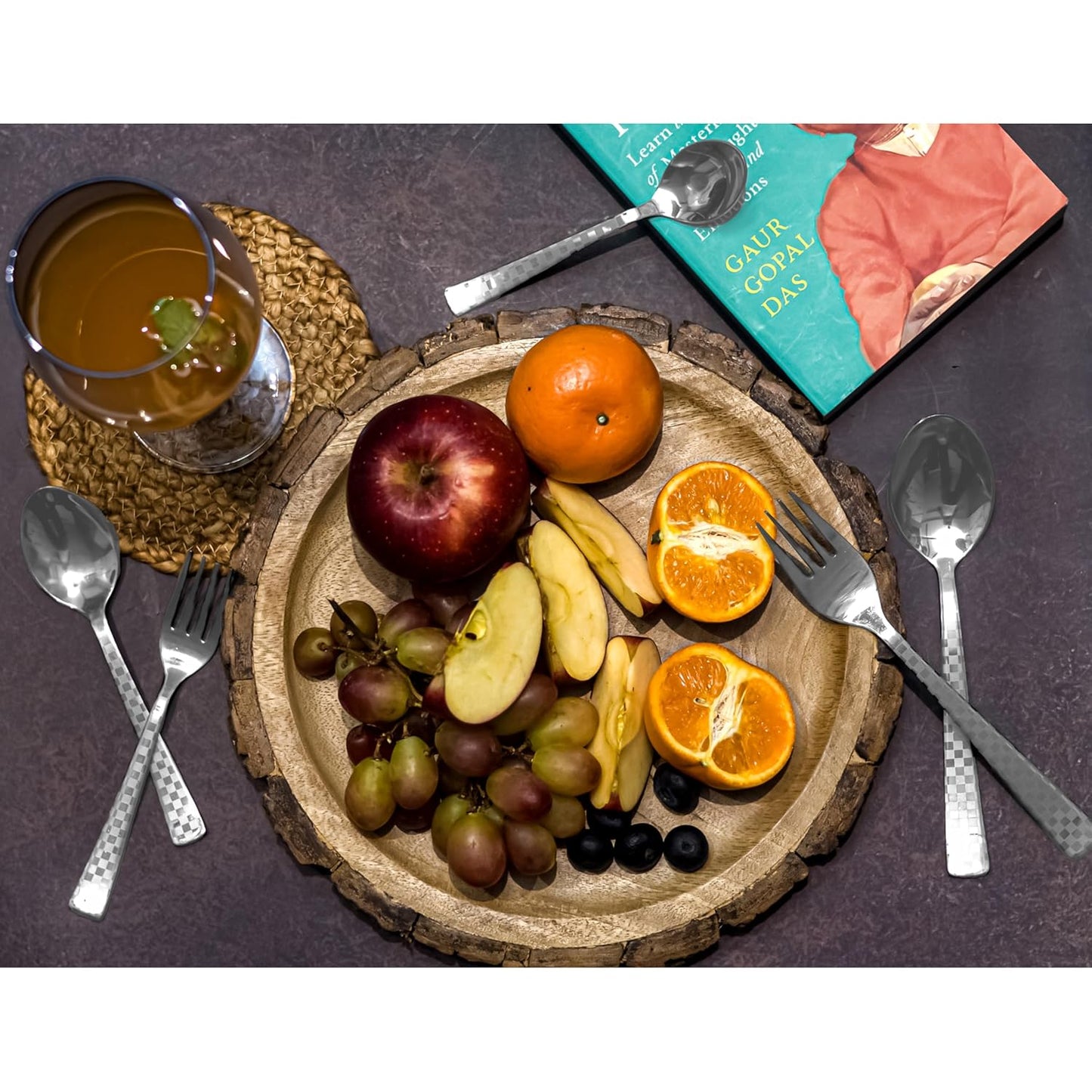 6 Pieces Stainless Steel Premium Dinner Spoon Set, 18.5 cm, Silver, Checks Design