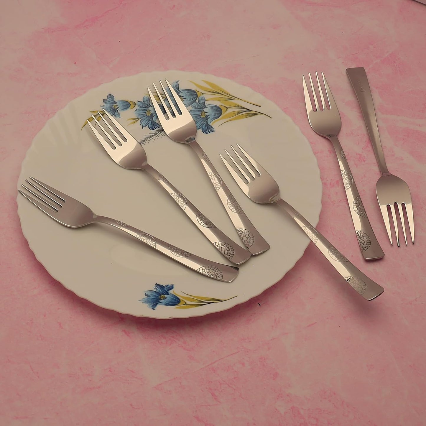 6 Pieces Stainless Steel Forks Set, 19 cm Premium Silver Dining Cutlery with Moonpress Design – Luxury Forks for Home & Kitchen
