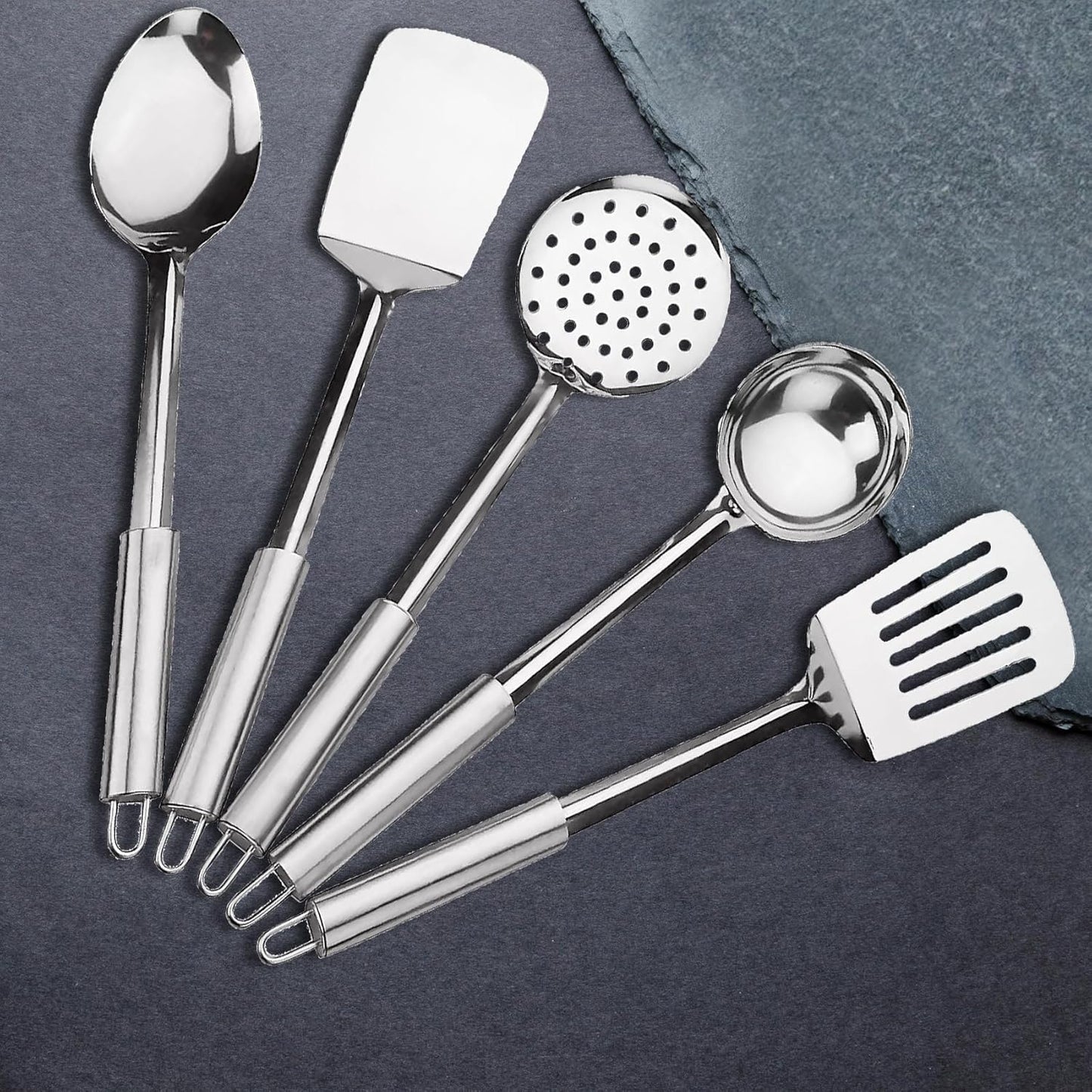 5-Piece Stainless Steel Kitchen Tool Set with Pipe Handle | Cooking Utensils, 35 cm, Silver