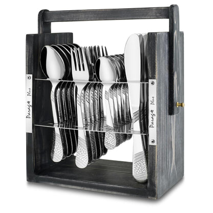 25 Pieces Stainless Steel Imperial Cutlery Set with Wooden Hanging Stand – Includes 6 Tea Spoons, 6 Table Spoons, 6 Table Forks, 6 Knives, Stylish Dining Set