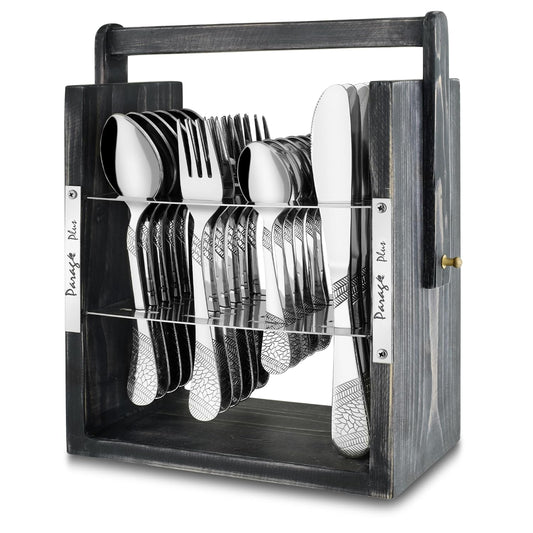25 Pieces Stainless Steel Imperial Cutlery Set with Wooden Hanging Stand – Includes 6 Tea Spoons, 6 Table Spoons, 6 Table Forks, 6 Knives, 24K Gold Plated Spoon Set