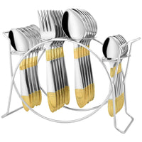 25-Piece Ivory Gold Stainless Steel Cutlery Set with Stand | 24K Gold Plated Spoons & Forks