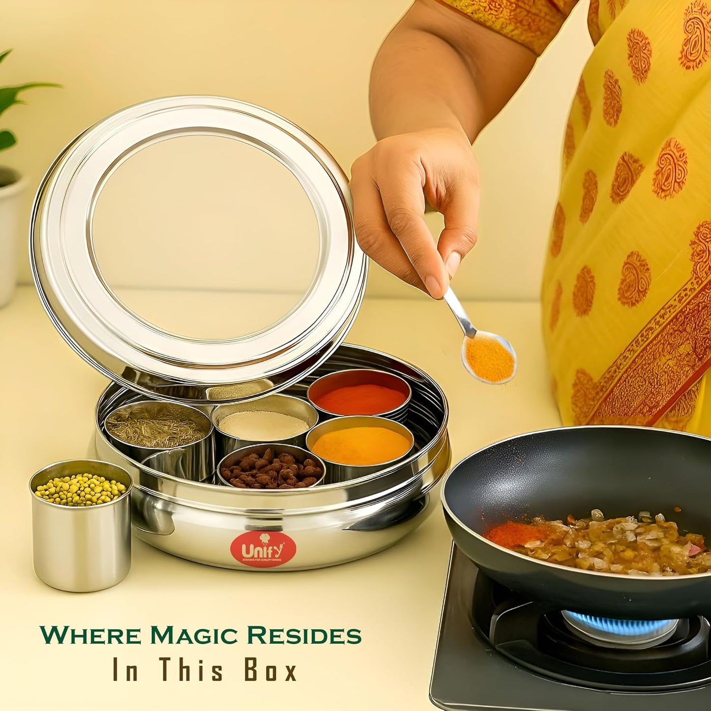 Stainless Steel Masala Box | Airtight Spice Dabba with 7 Containers & Lid (1200 ml, Silver)