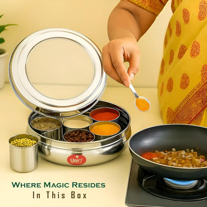 12 Inch Stainless Steel Masala Dabba | 1500ml Airtight Spice Box with 7 Containers & Lid, Silver