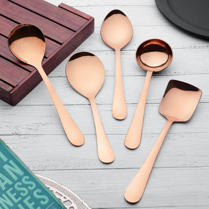5 Pieces Stainless Steel Rose Gold Serving Spoon Set for Dining Table/Kitchen, 1.8 mm Heavy Gauge (1 Soup Ladle (Karchi), 1 Solid Spoon (Chamcha), 1 Rice Spoon, 2 Basting/Serving Spoon)
